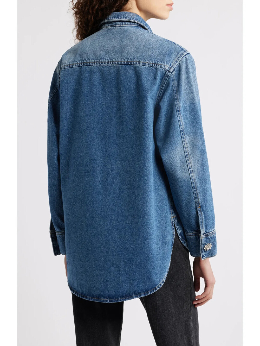 NEW, AllSaints Enna Embellished Denim Snap-Up Shirt in Indigo Sz M #SJ2506 - Picture 3 of 11
